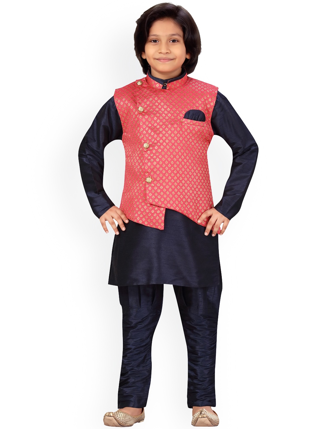 

BAESD Boys Mandarin Collar Pure Silk Kurta & Pyjamas With Nehru Jacket, Pink