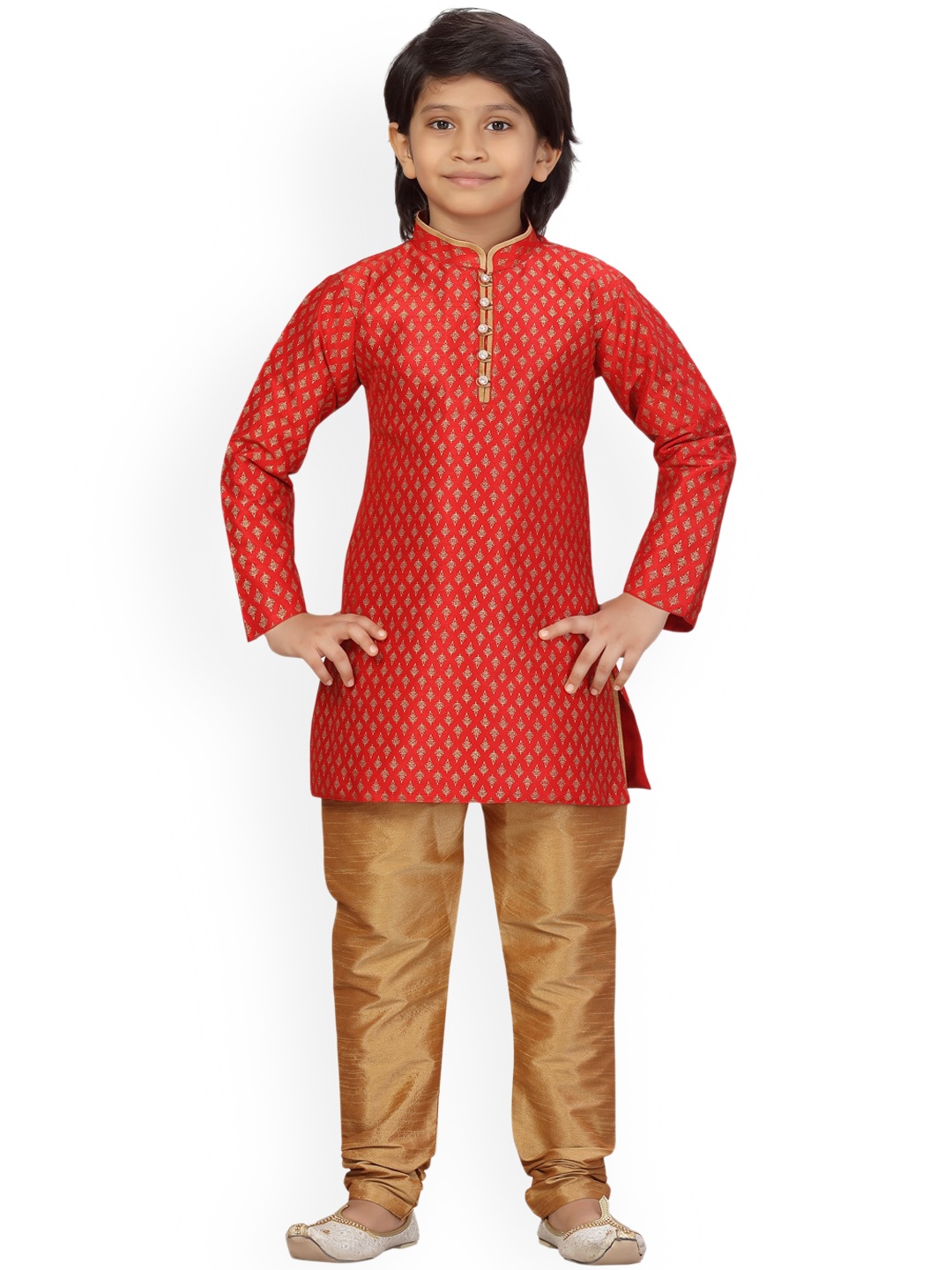 

BAESD Ethnic Motifs Woven Design Mandarin Collar Pure Silk Kurta with Pyjamas, Red