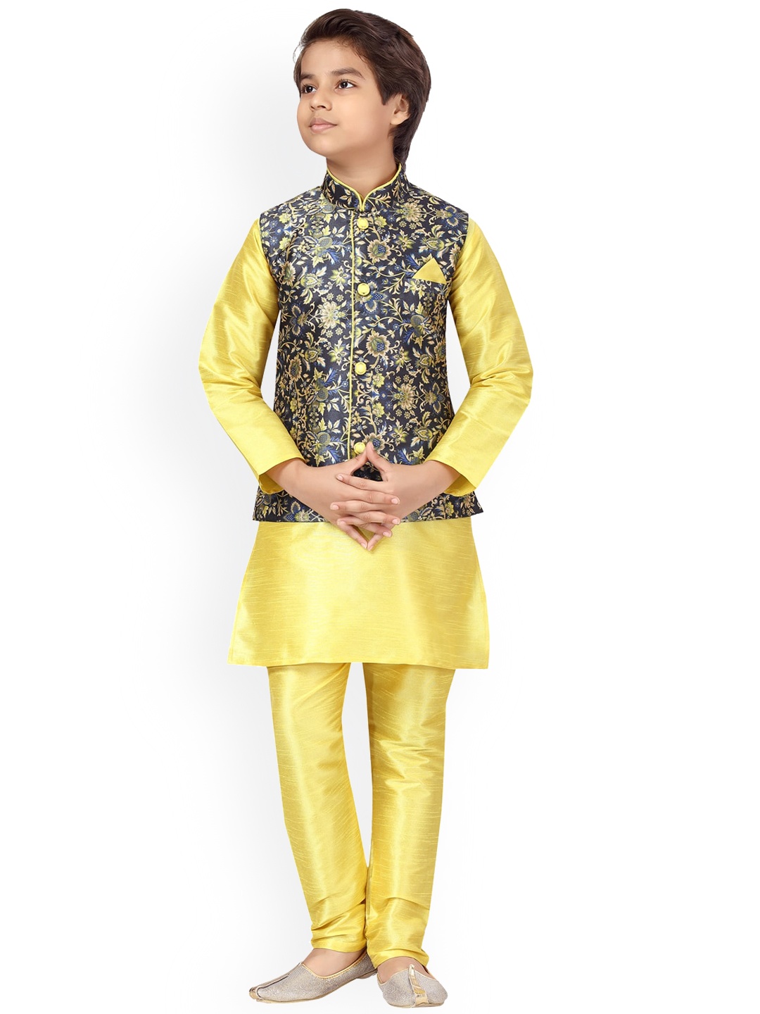 

BAESD Boys Mandarin Collar Pure Silk Kurta & Pyjamas With Nehru Jacket, Yellow