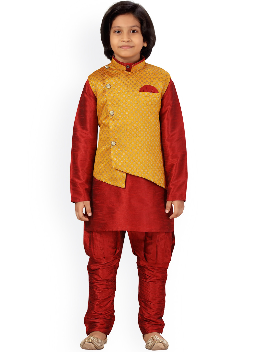 

BAESD Boys Mandarin Collar Asymmetric Hem Pure Silk Kurta & Churidar With Nehru Jacket, Yellow
