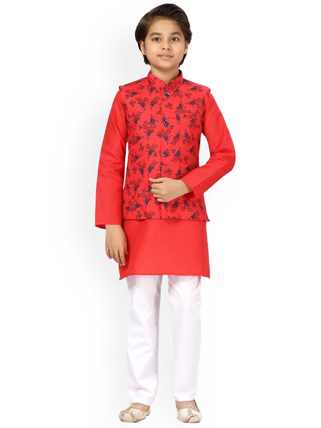 

BAESD Boys Mandarin Collar Pure Cotton Kurta & Pyjamas With Nehru Jacket, Red