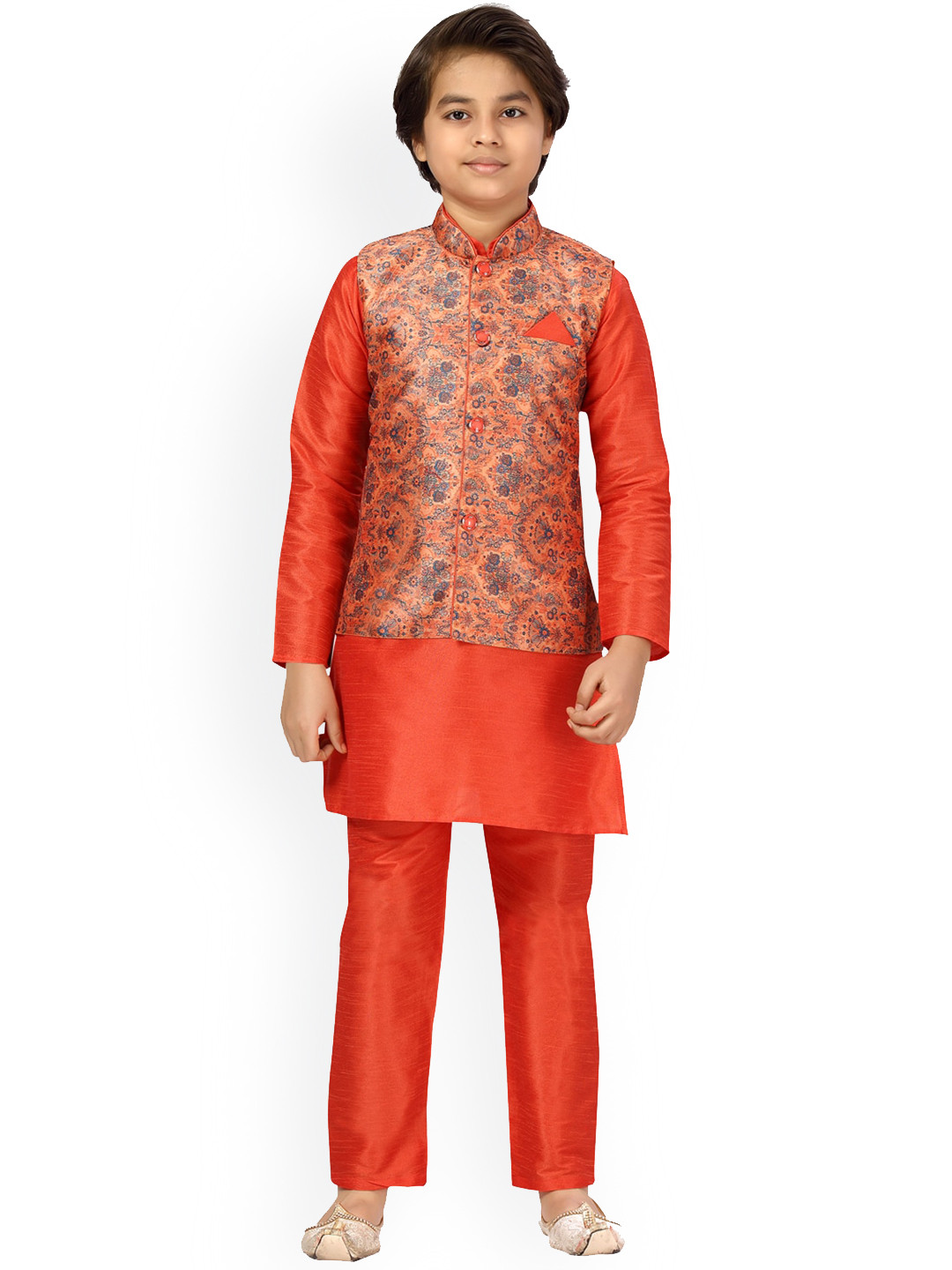 

BAESD Boys Mandarin Collar Long Sleeves Pure Silk Kurta & Pyjamas With Nehru jacket, Orange