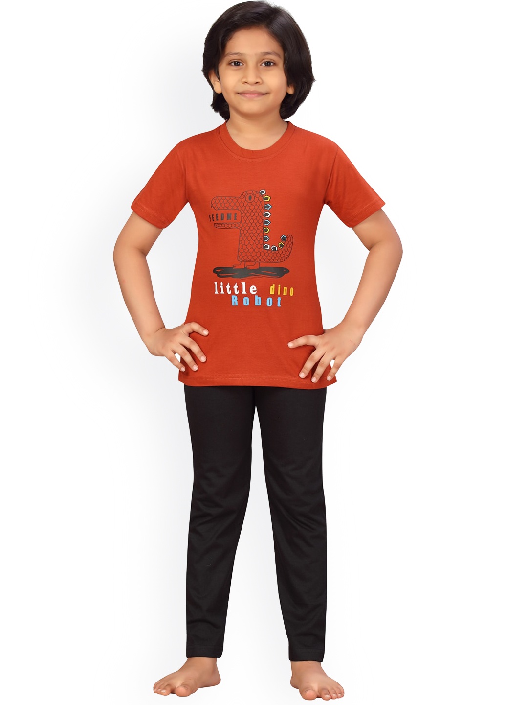 

BAESD Boys Typography Printed Pure Cotton T-shirt With Pyjamas, Rust