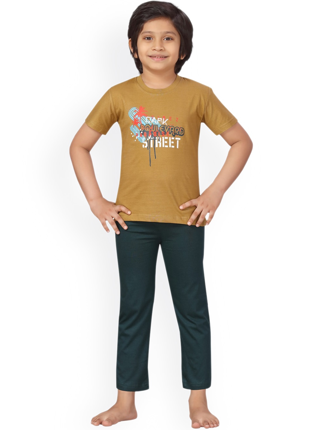 

BAESD Boys Typography Printed Pure Cotton T-shirt With Pyjamas, Mustard
