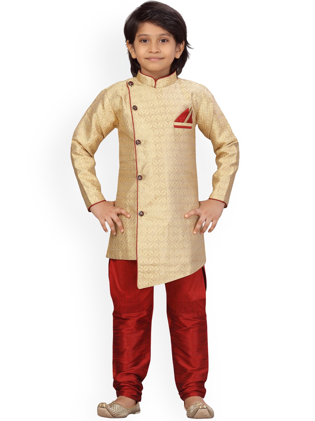 

BAESD Boys Mandarin Collar Long Sleeves Pure Silk Kurta with Churidar, Beige