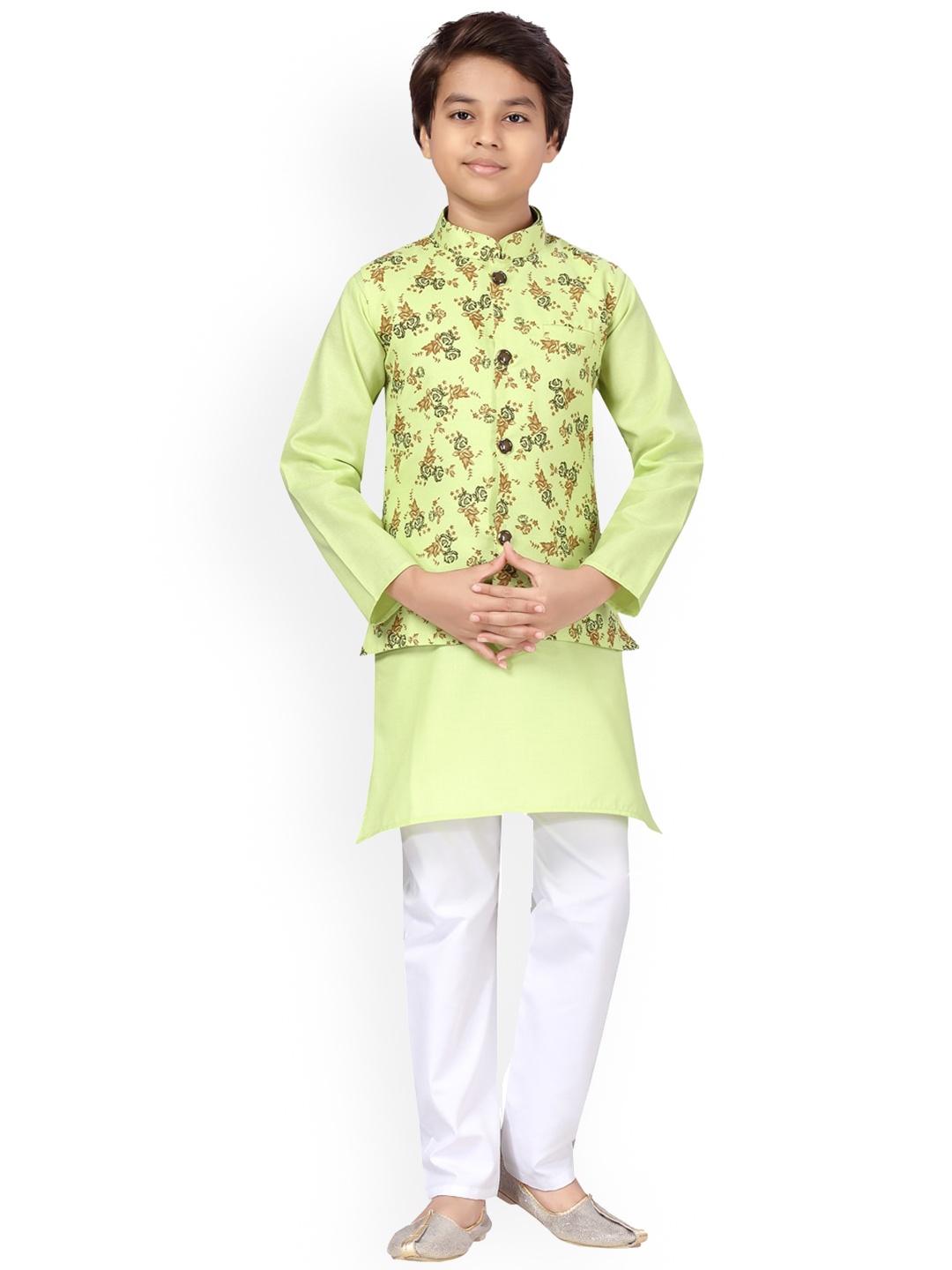 

BAESD Boys Mandarin Collar Long Sleeves Pure Cotton Kurta & Pyjamas With Nehru jacket, Green