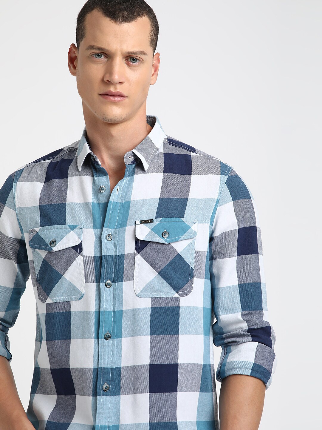 

THE BEAR HOUSE Buffalo Checked Pure Cotton Casual Shirt, Blue