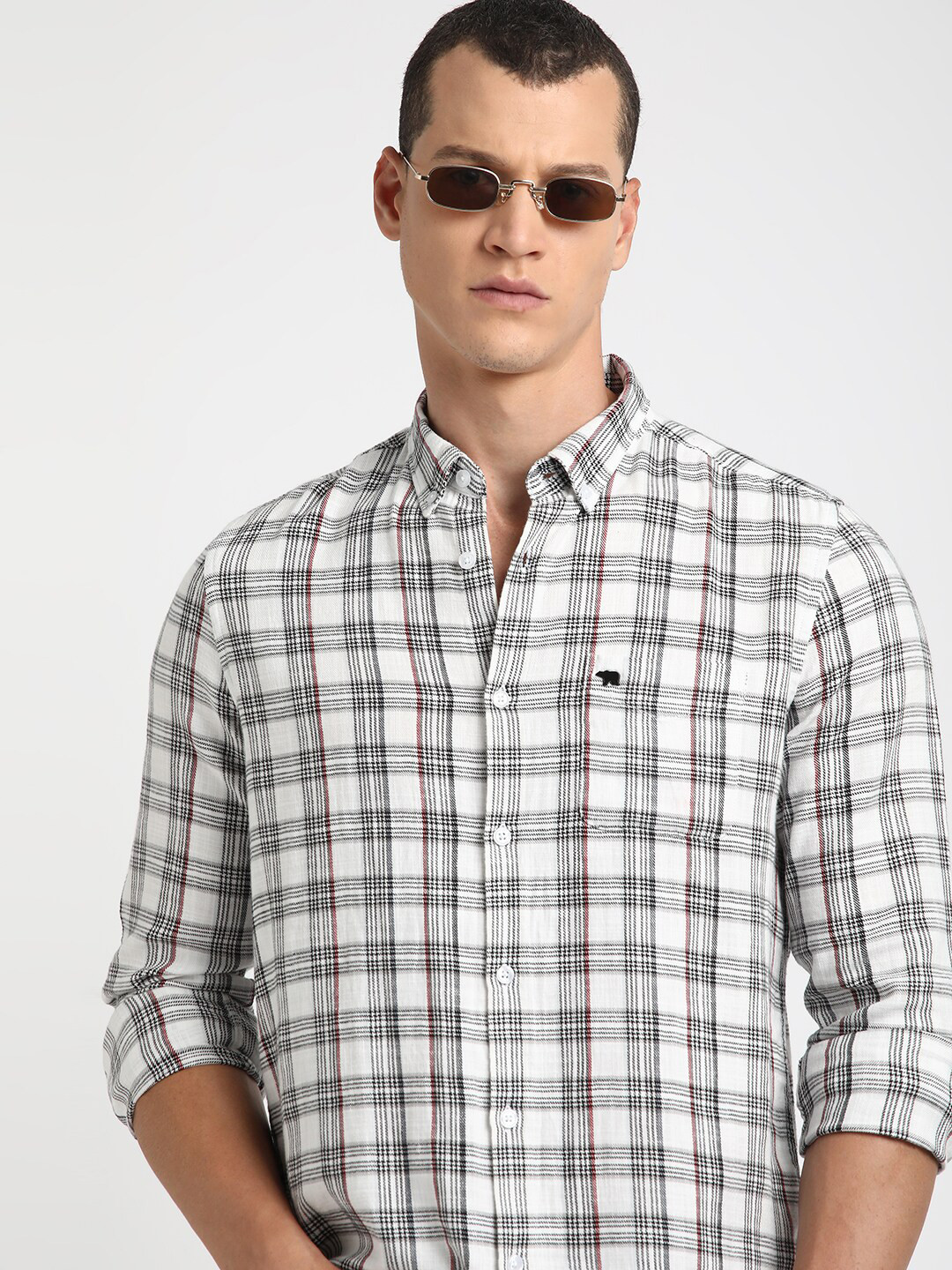 

THE BEAR HOUSE Tartan Checked Button-Down Collar Pure Cotton Casual Shirt, White