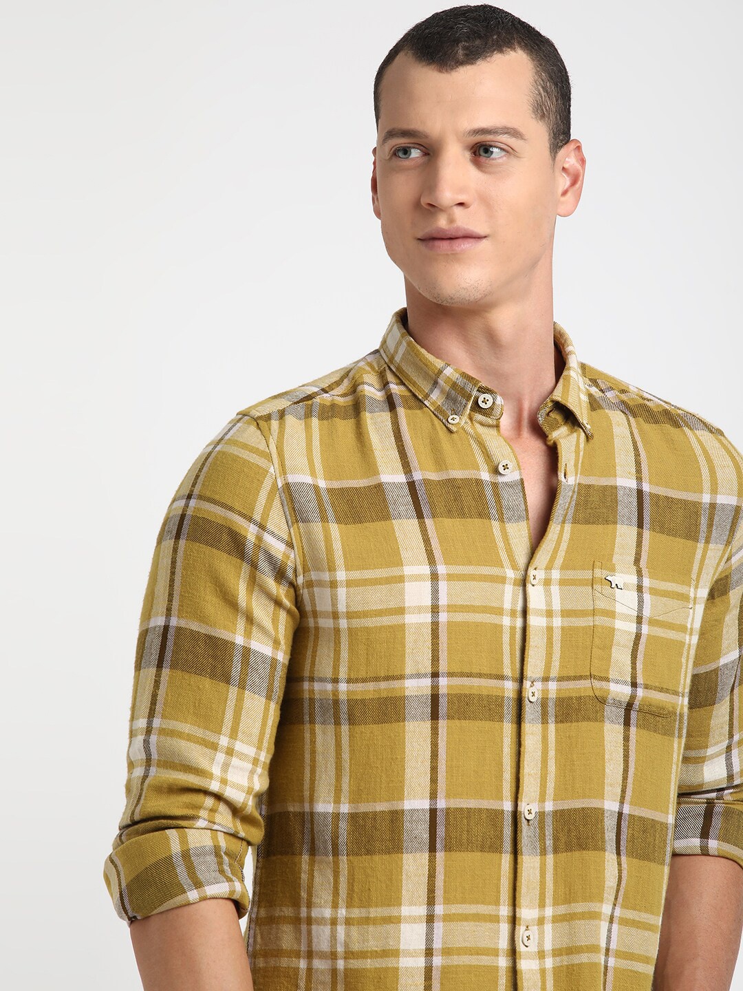 

THE BEAR HOUSE Tartan Checked Button Down Collar Slim Fit Pure Cotton Casual Shirt, Yellow