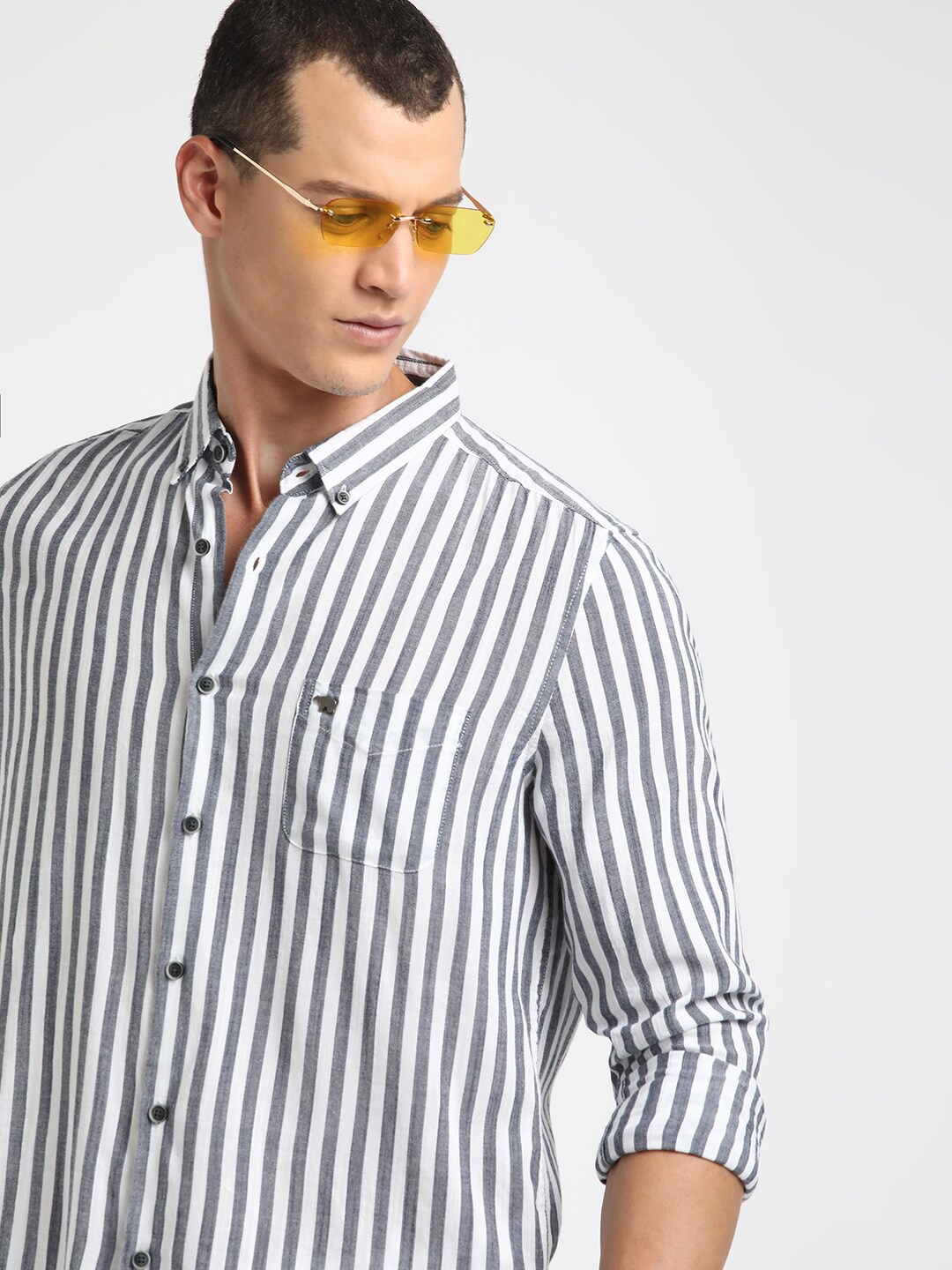 

THE BEAR HOUSE Slim Fit Opaque Striped Pure Cotton Casual Shirt, Blue