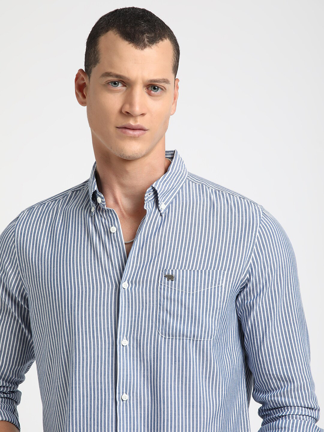 

THE BEAR HOUSE Slim Fit Opaque Striped Pure Cotton Casual Shirt, Blue