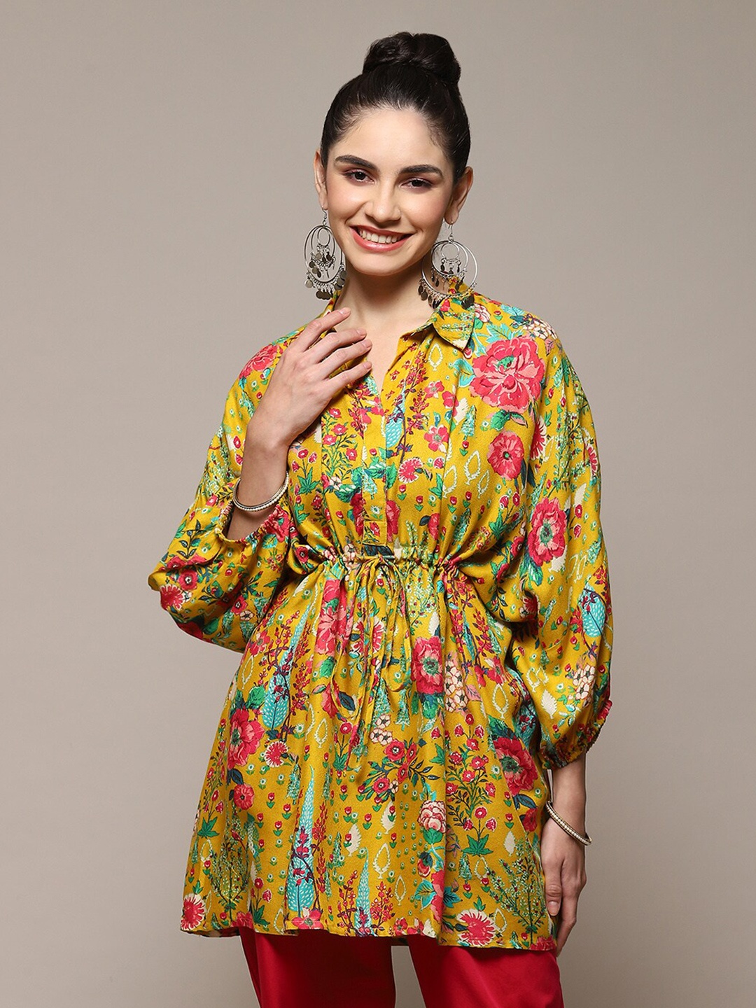 

Biba Floral Printed Shirt Collar Puff Sleeves Longline Kaftan Top, Mustard