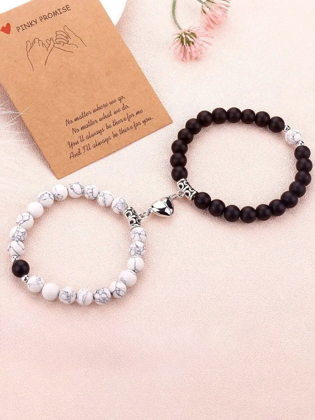 

MEENAZ Unisex Set Of 2 Silver-Plated Magnetic Heart Beaded Bracelet