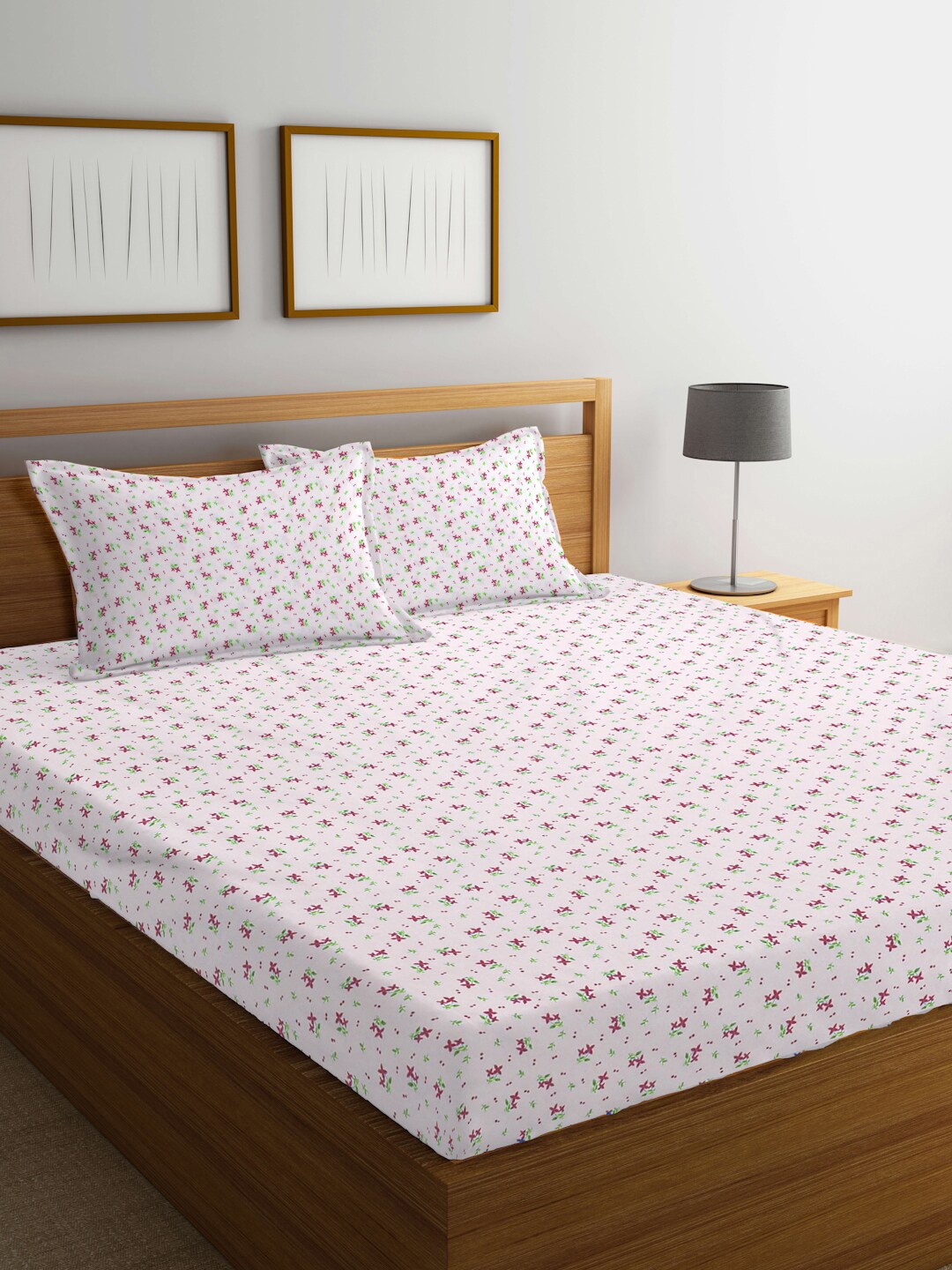 

FABINALIV White & Pink Floral Print 300 TC Fitted King Bedsheet & 2 Pillow Covers