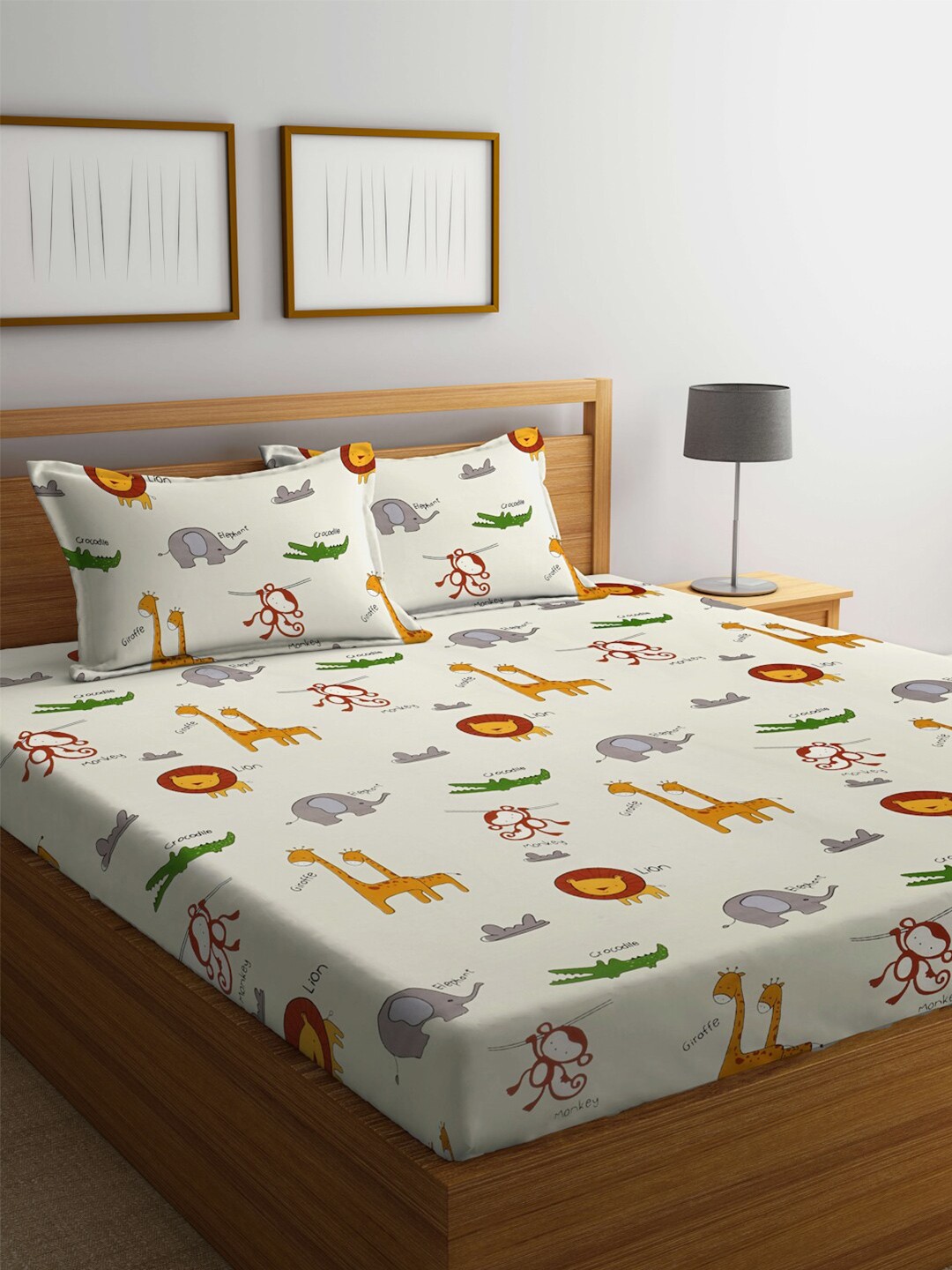 

FABINALIV Cream-Coloured Conversational 300 TC Fitted King Bedsheet with 2 Pillow Covers