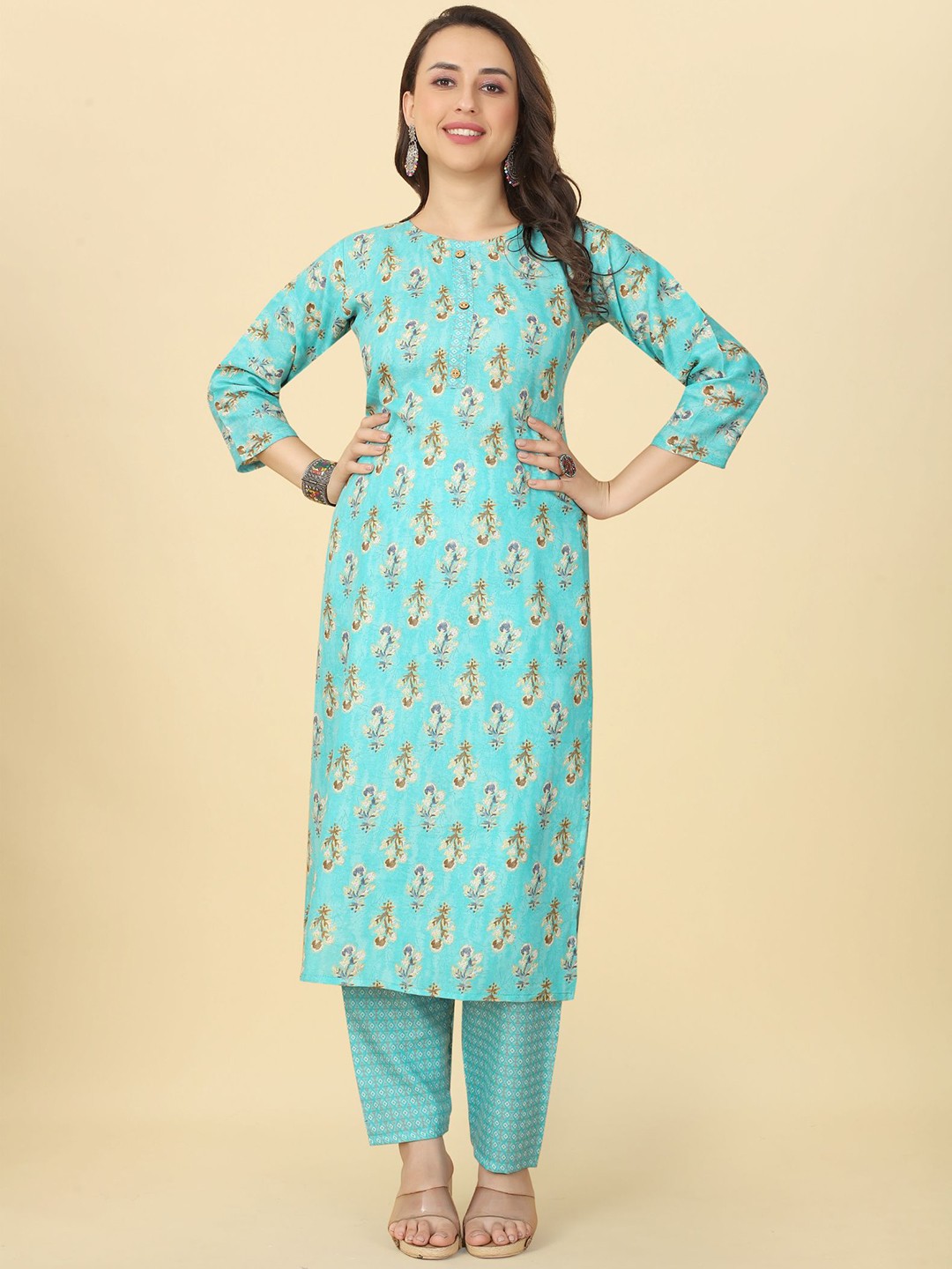 

KALINI Floral Printed Straight Kurta With Trousers, Turquoise blue