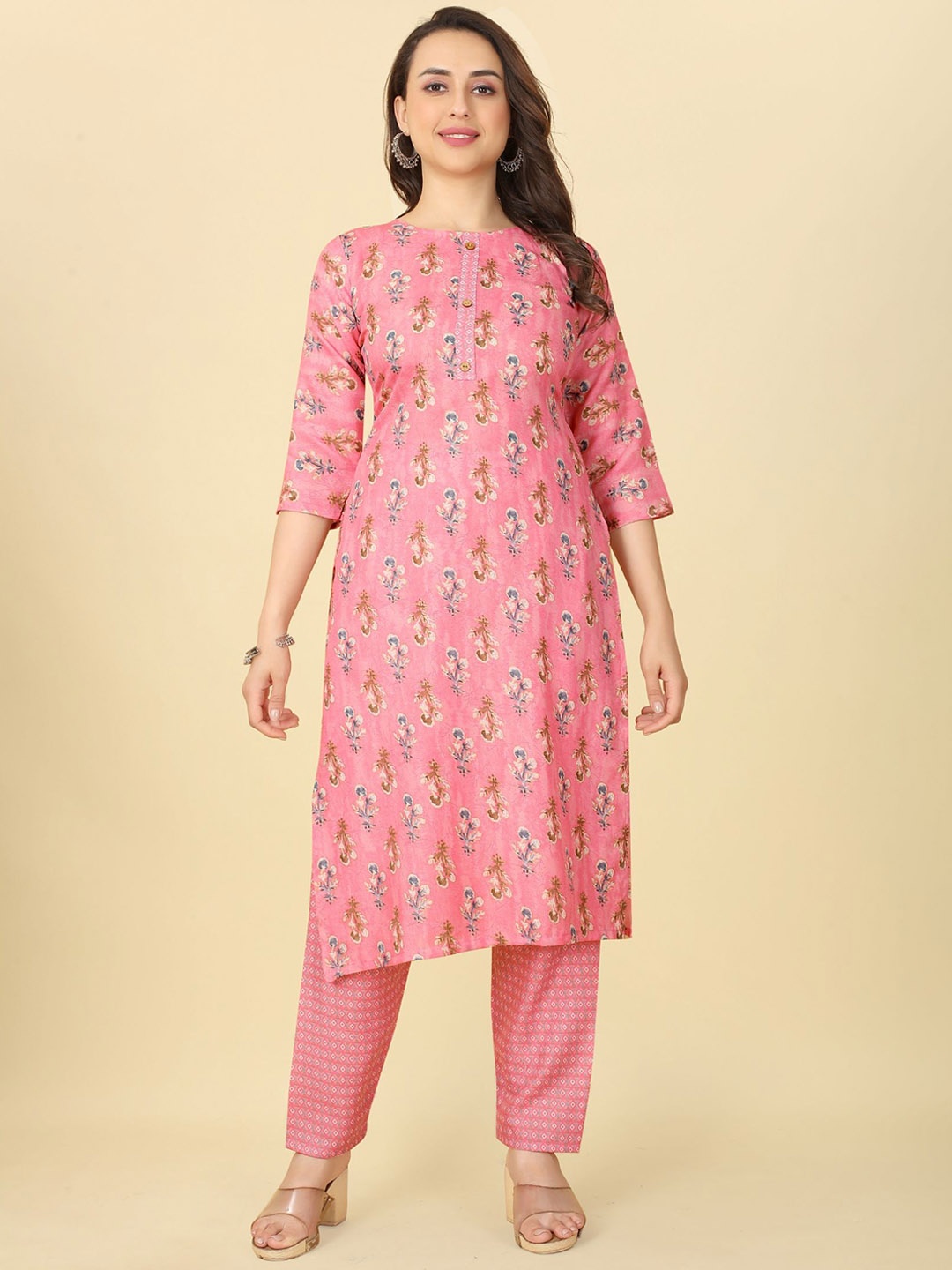 

KALINI Floral Printed Straight Kurta With Trousers, Pink