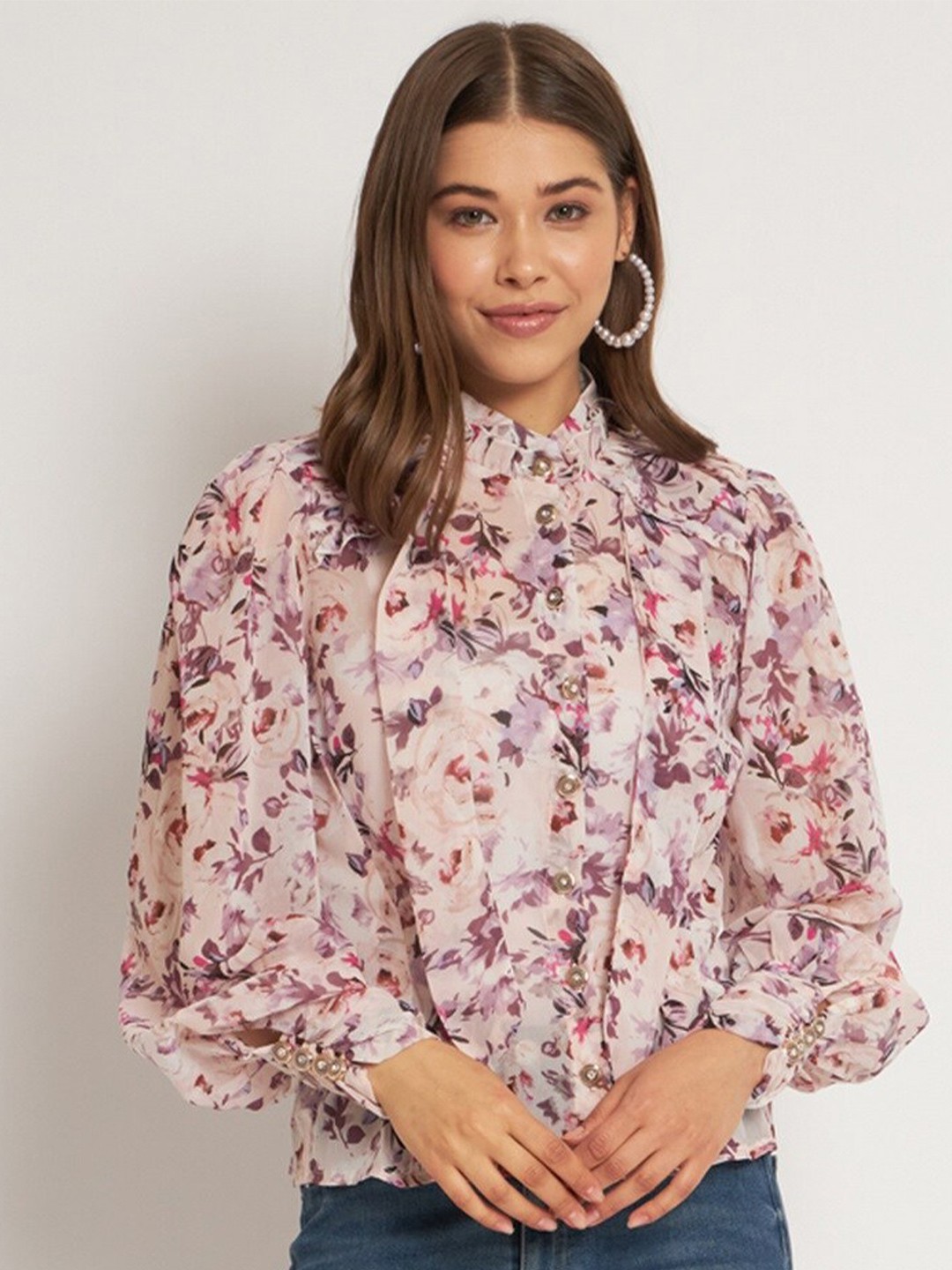 

HERE&NOW Floral Printed Cuffed Sleeves Shirt Style Top, Purple