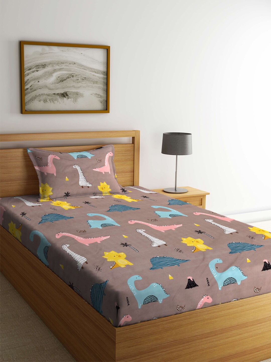 

FABINALIV Brown & Yellow Printed Fitted 300 TC Single Bedsheet With 1 Pillow Cover