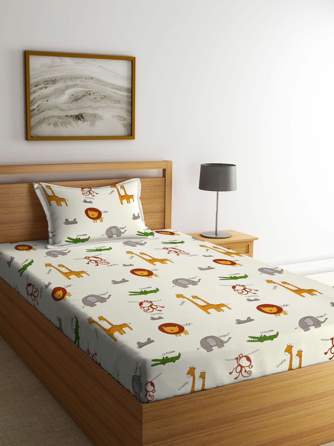 

FABINALIV Cream-Coloured & Green Printed Fitted 300 TC Single Bedsheet & 1 Pillow Cover