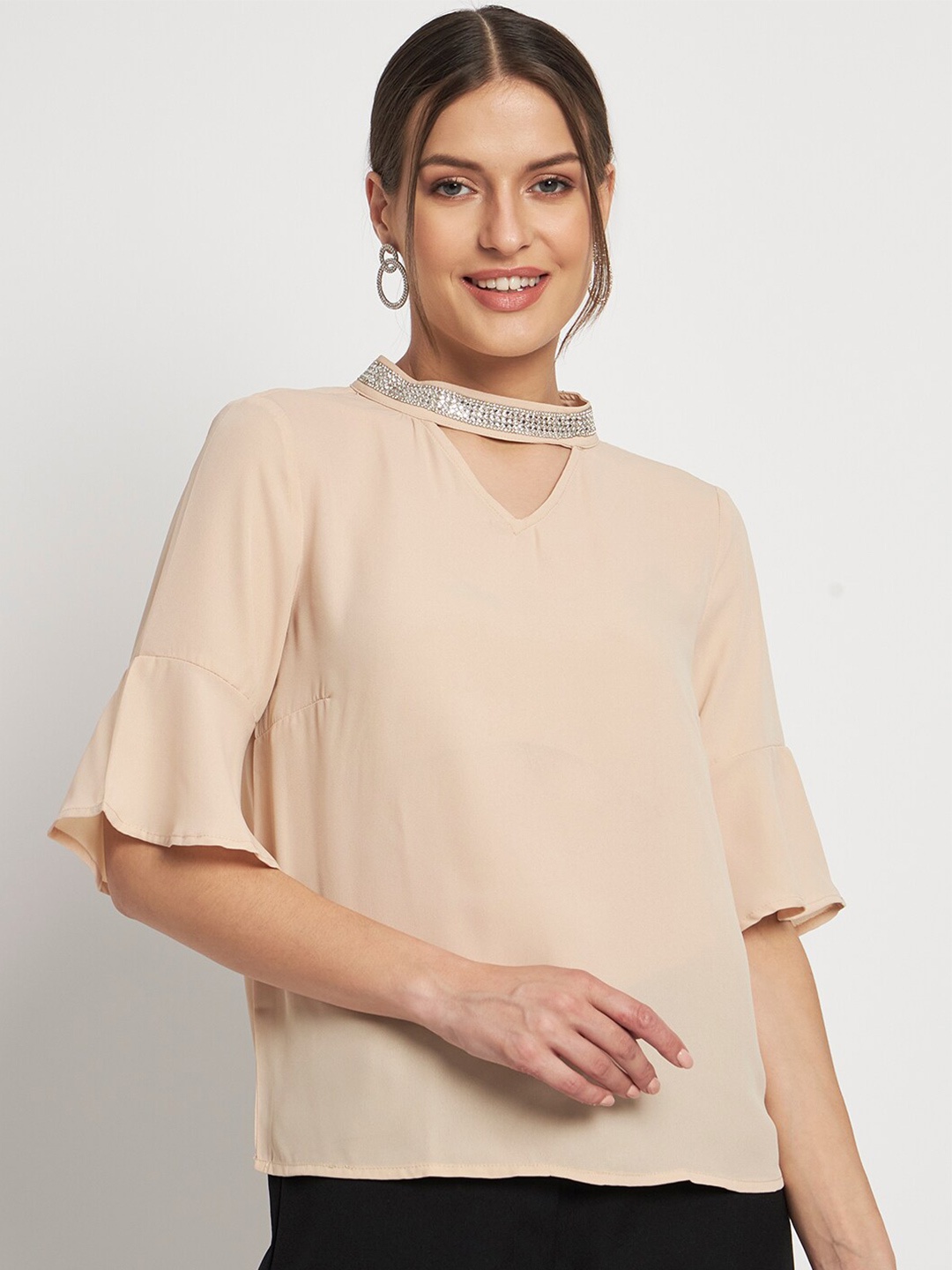 

Kashana Choker Neck Bell Sleeves Top, Beige