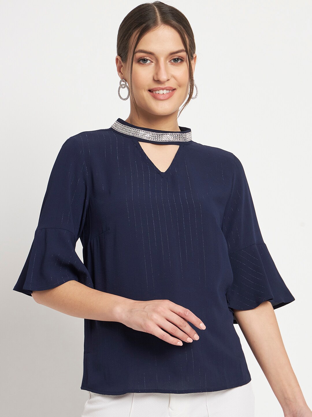 

Kashana Choker Neck Bell Sleeves Top, Navy blue