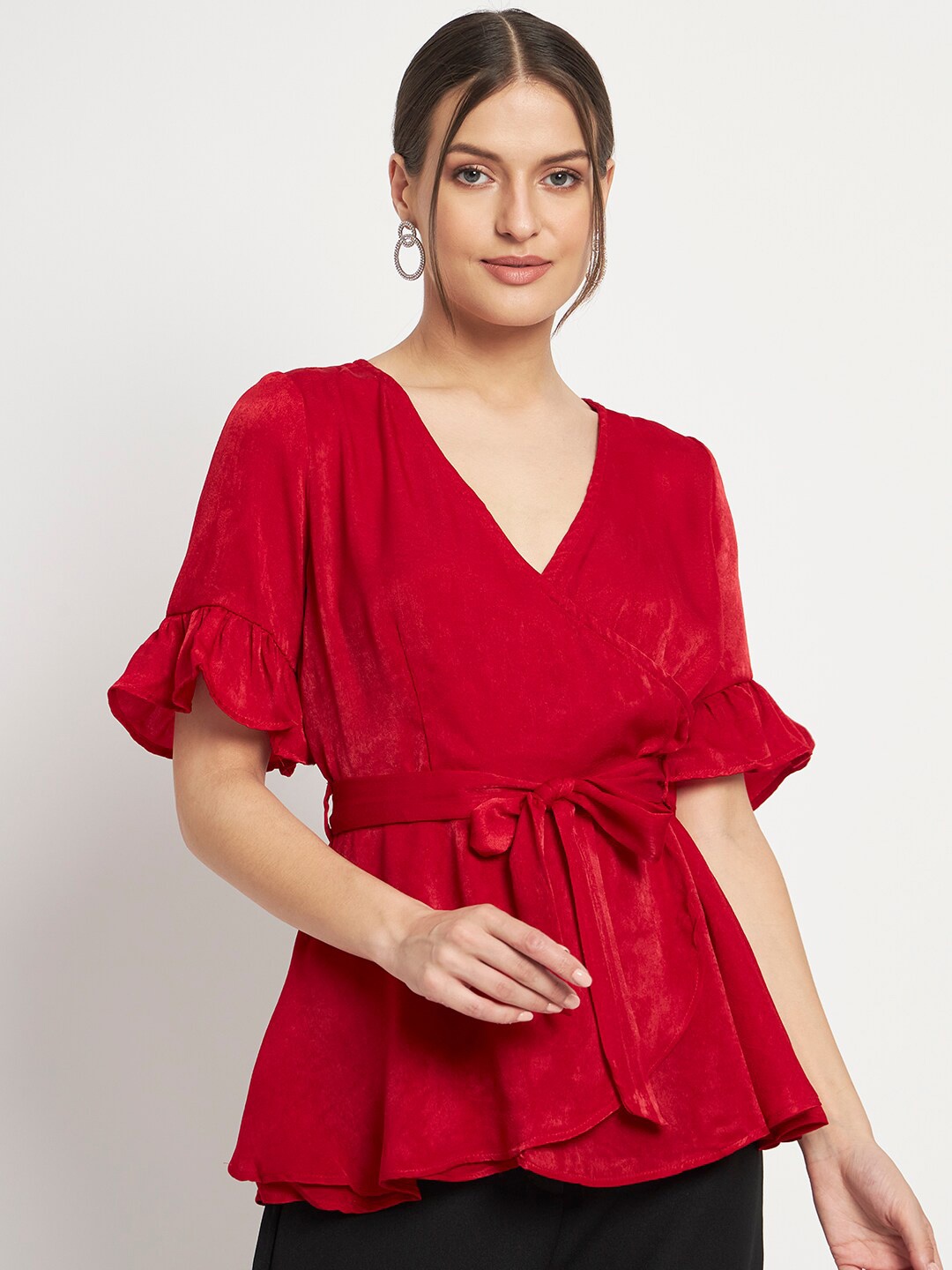 

Eleena V-Neck Bell Sleeve Satin Cinched Waist Top, Red