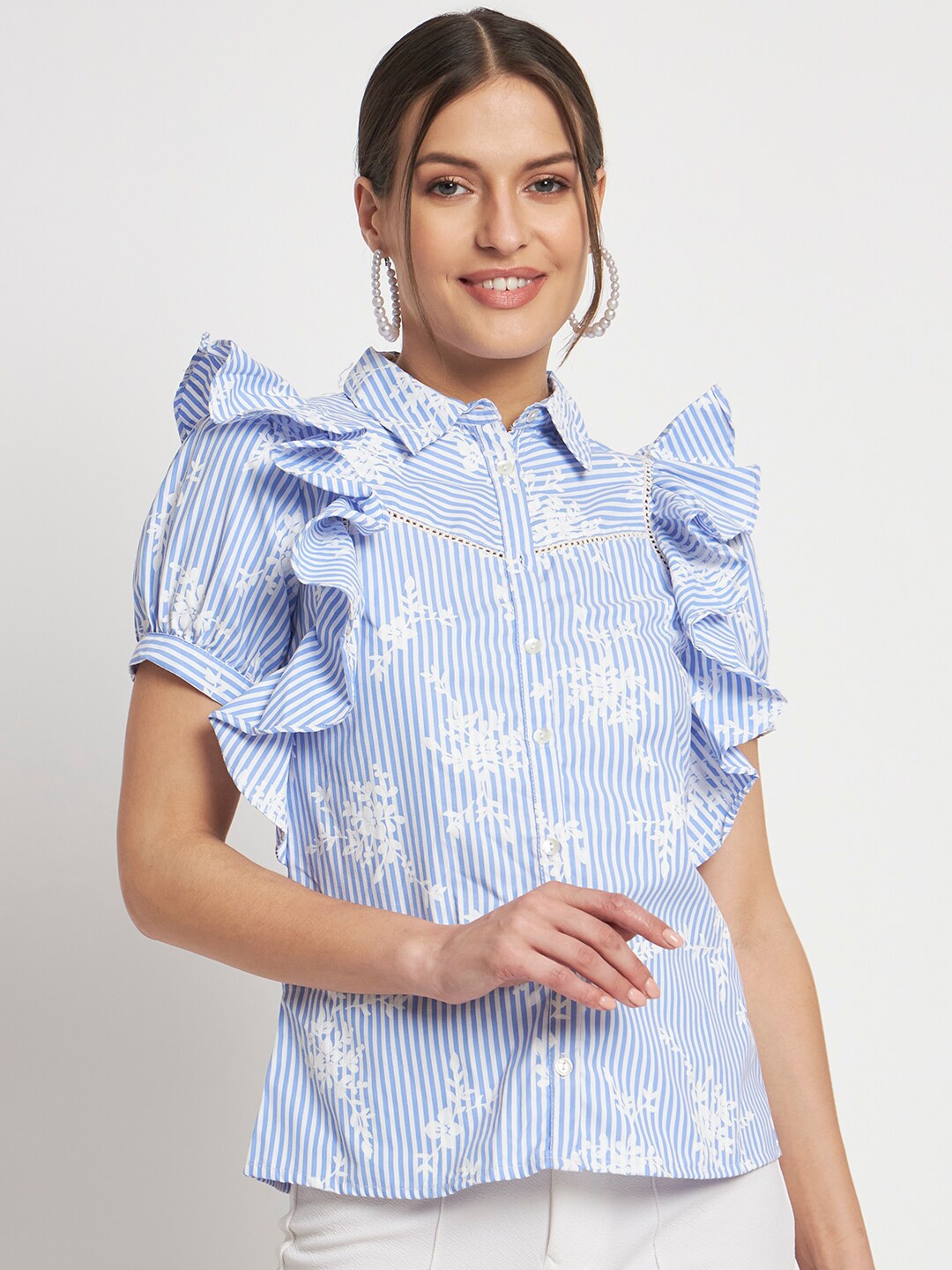 

Eleena Floral Print Flutter Sleeve Shirt Style Top, Blue