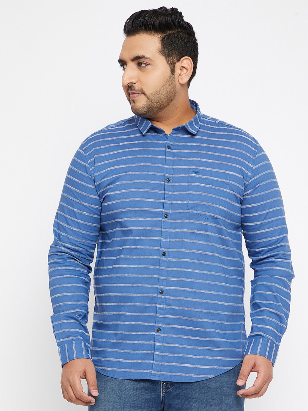 

SHOWOFF Plus Slim Fit Horizontal Stripes Cotton Casual Shirt, Blue