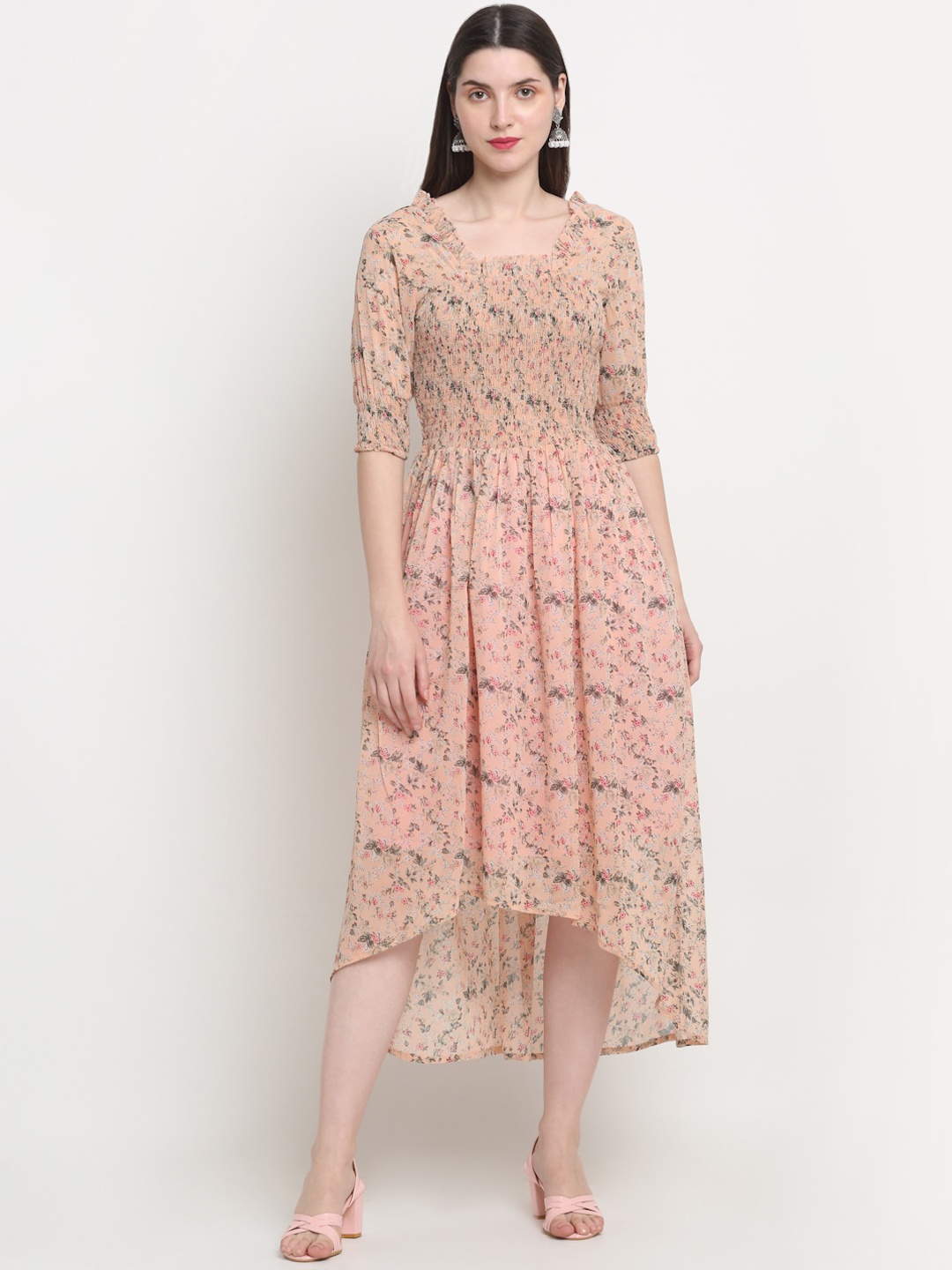 

MYAZA Floral Printed Smocked Midi Dress, Peach