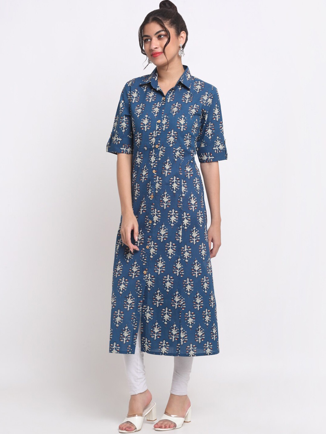 

MYAZA Ethnic Motifs Printed Shirt Collar Pure Cotton A-Line Kurta, Blue