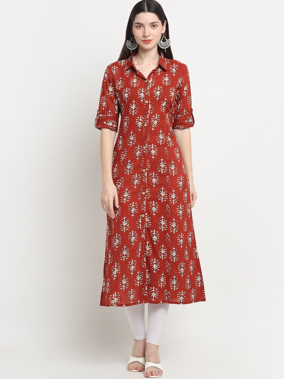 

MYAZA Ethnic Motifs Printed Shirt Collar Pure Cotton A-Line Kurta, Maroon