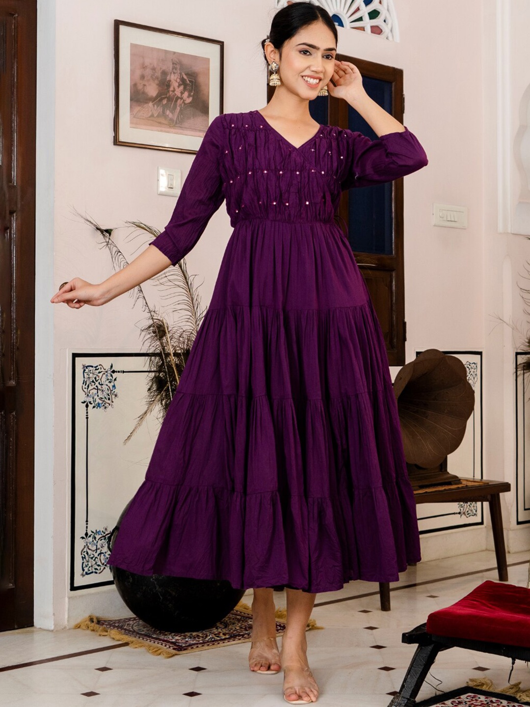 

MYAZA Mirror Work Embellished V-Neck Fit & Flared Tiered Midi Pure Cotton Ethnic Dress, Purple