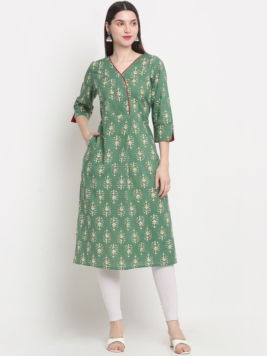 

MYAZA Ethnic Motifs Printed V-neck Pure Cotton Straight Kurta, Green