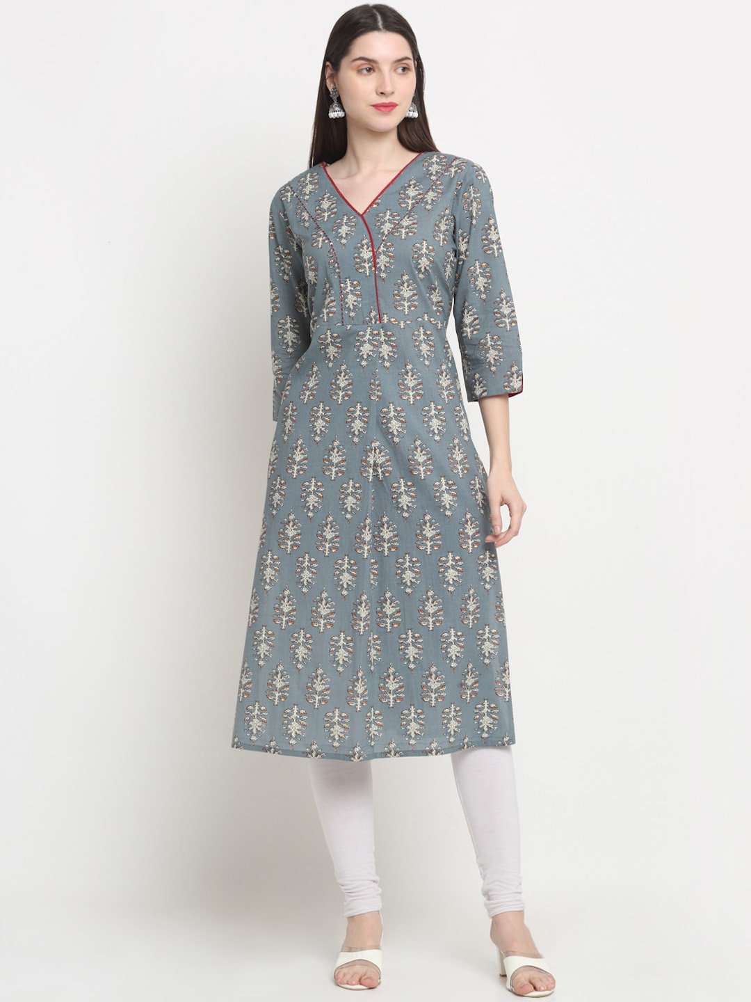 

MYAZA Ethnic Motifs Printed V-neck Pure Cotton Straight Kurta, Grey