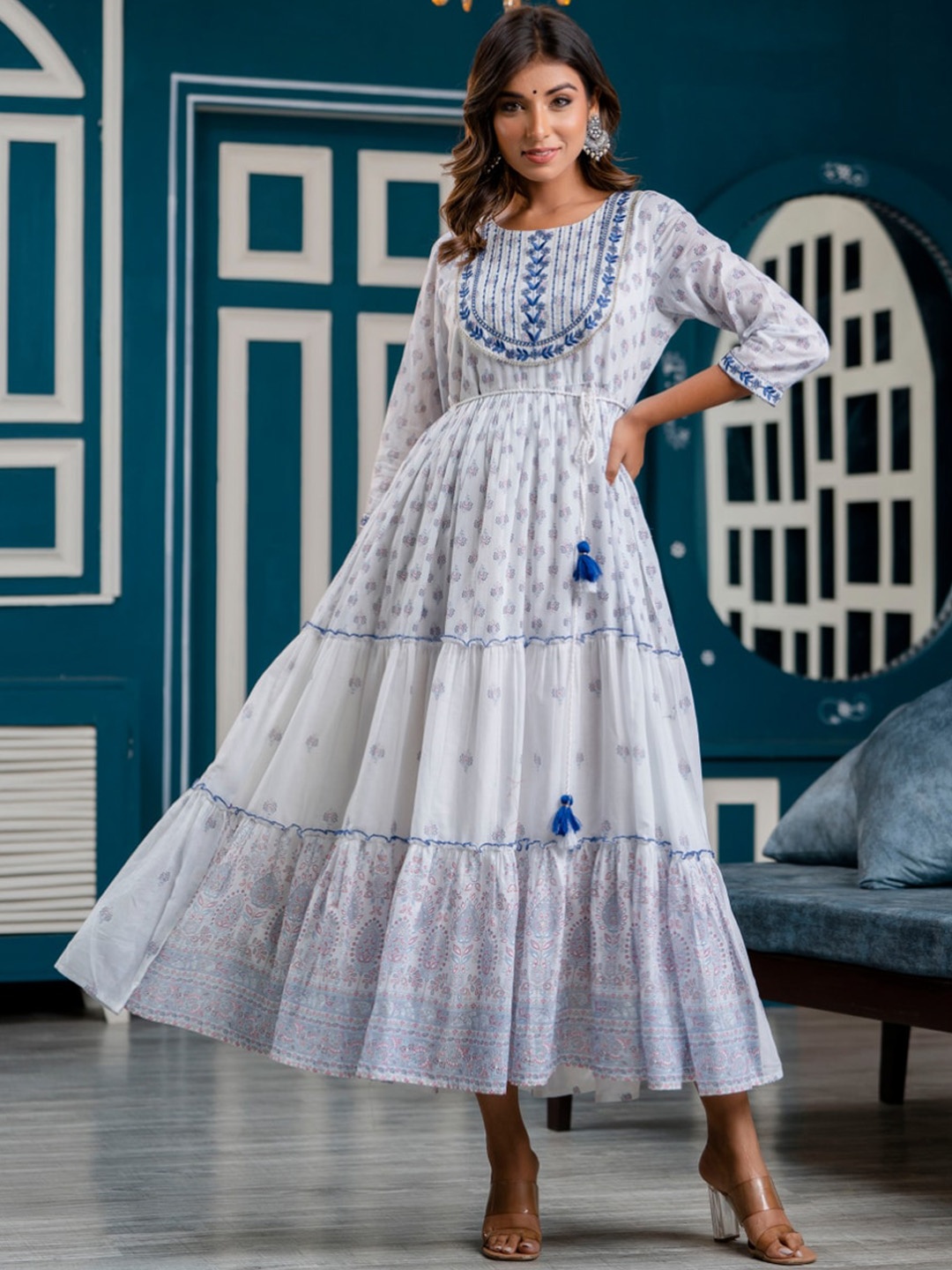 

MYAZA Ethnic Motifs Printed Pure Cotton A-Line Maxi Ethnic Dress, White
