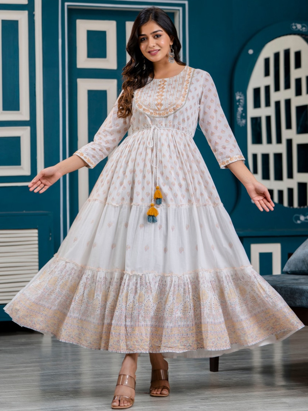 

MYAZA Ethnic Motifs Printed Pure Cotton A-Line Maxi Ethnic Dress, White