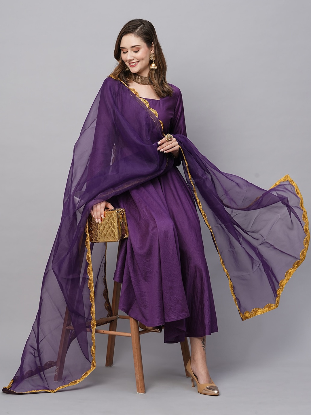

KALINI Square Neck Anarkali Kurta & Trousers With Dupatta, Purple