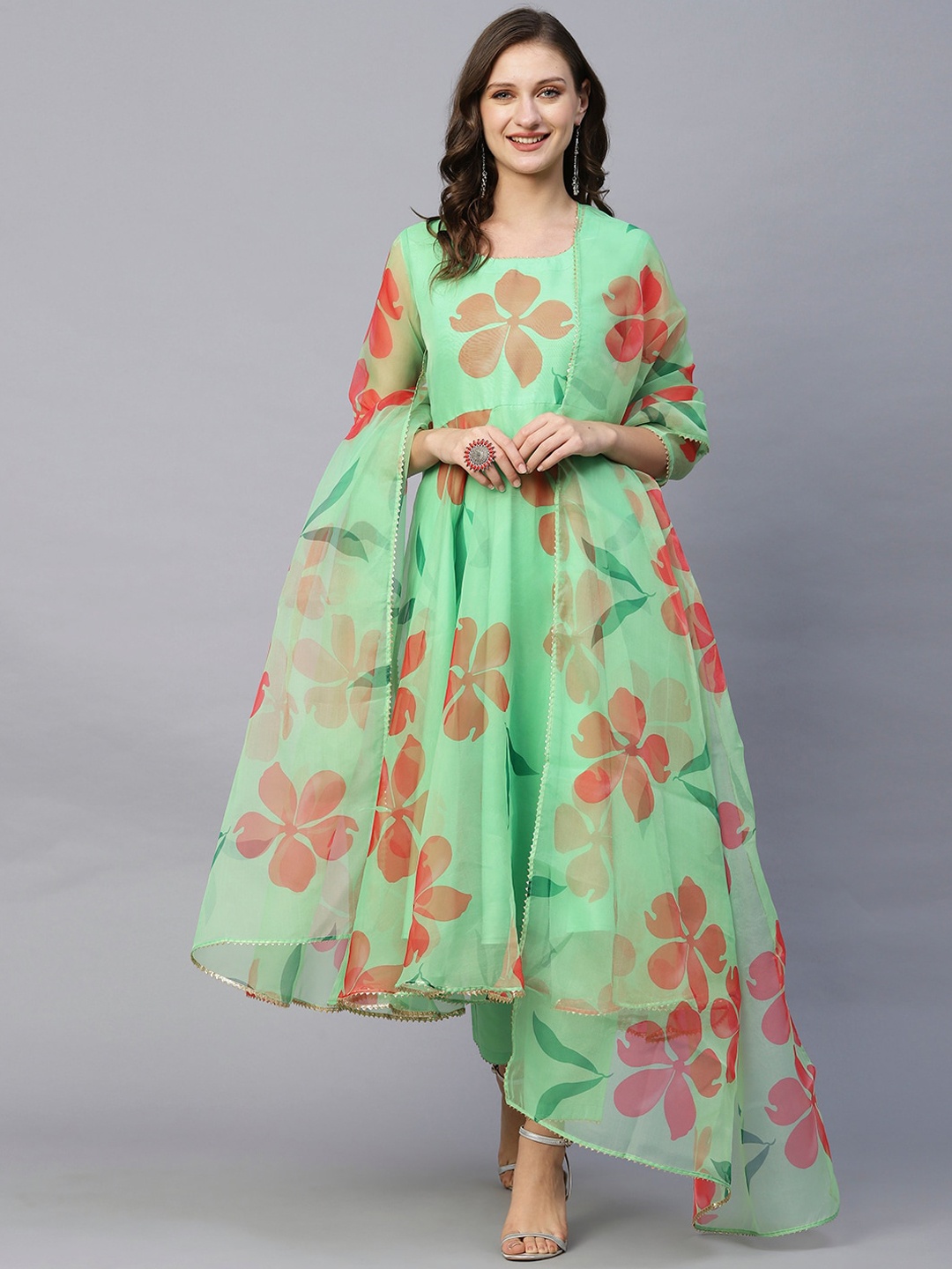 

KALINI Women Green Floral Printed Regular Kurta with Trousers & With Dupatta