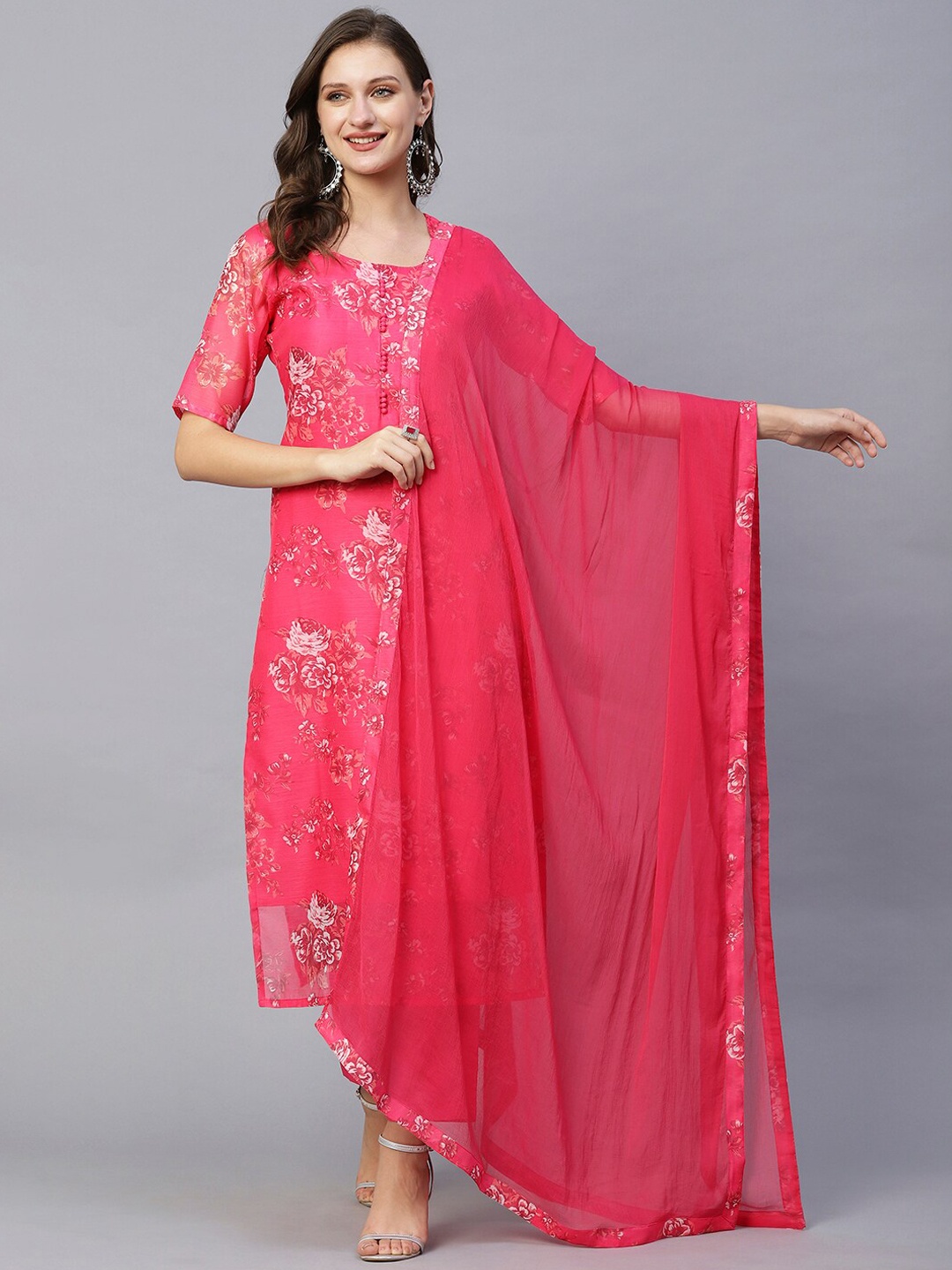 

KALINI Floral Printed Chanderi Cotton Kurta With Trousers & Dupatta, Pink
