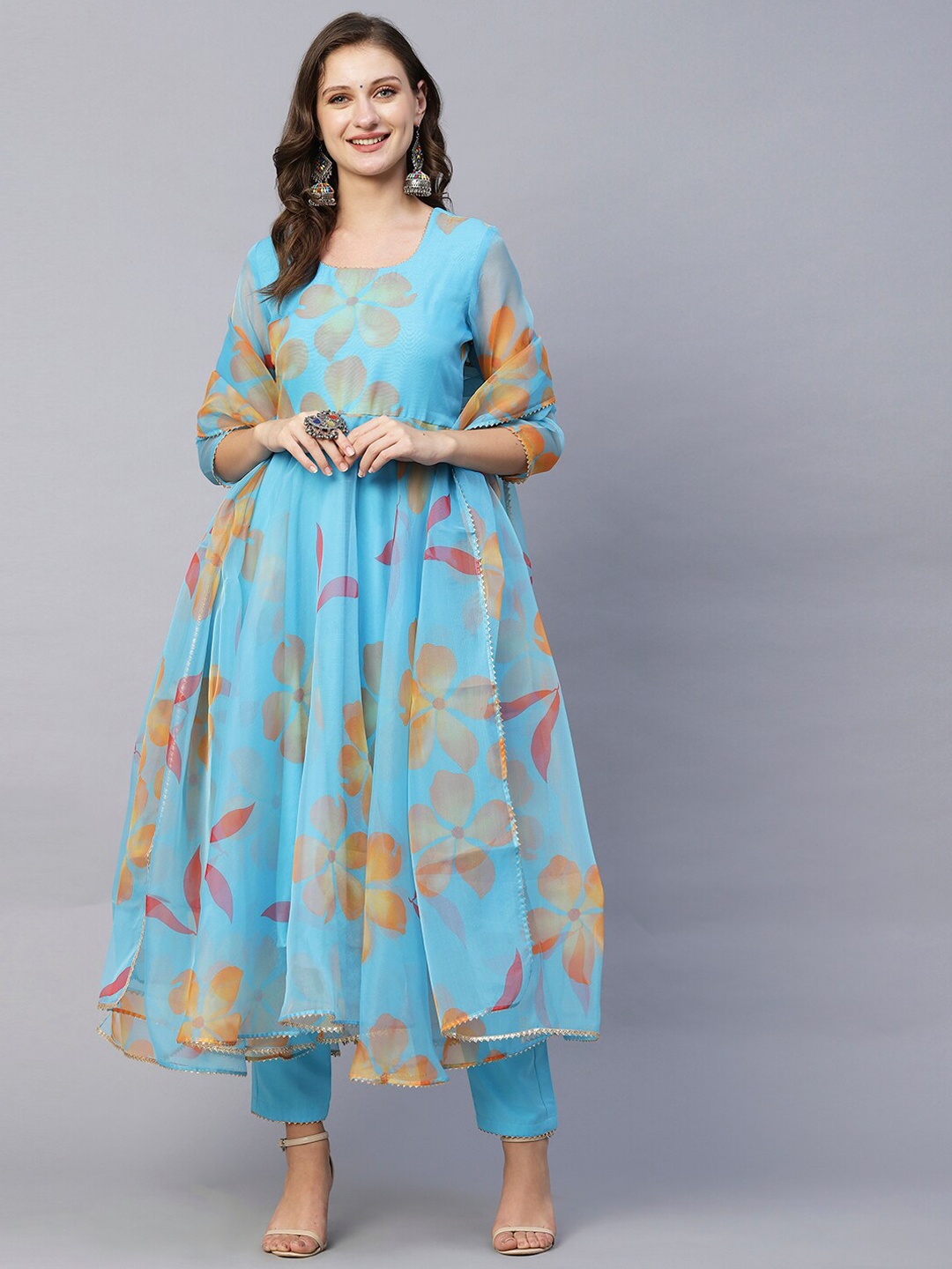 

KALINI Floral Printed Gotta Patti Anarkali Kurta with Trousers & Dupatta, Blue