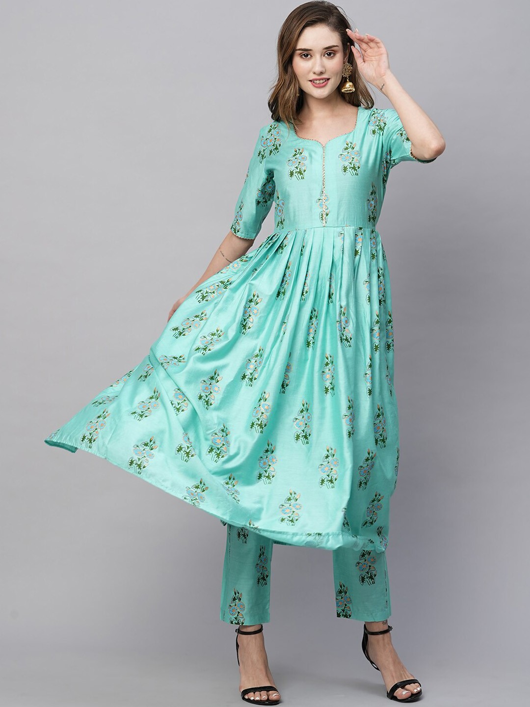 

KALINI Floral Foil Printed Gotta Patii Anarkali Kurta With Trousers, Turquoise blue