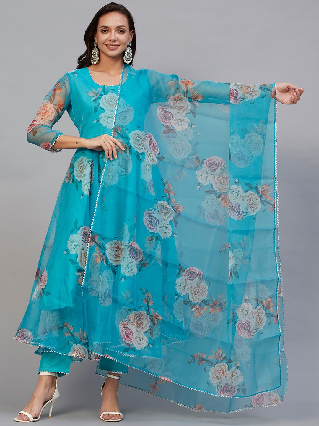 

KALINI Floral Printed Gotta Patti Kurta With Trousers & Dupatta, Turquoise blue