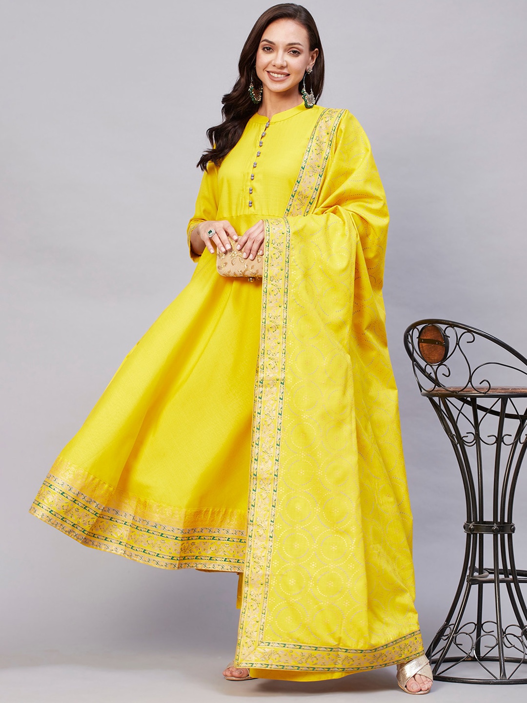 

KALINI Ethnic Motifs Foil Printed Mandarin Collar Anarkali Kurta & Trousers With Dupatta, Yellow