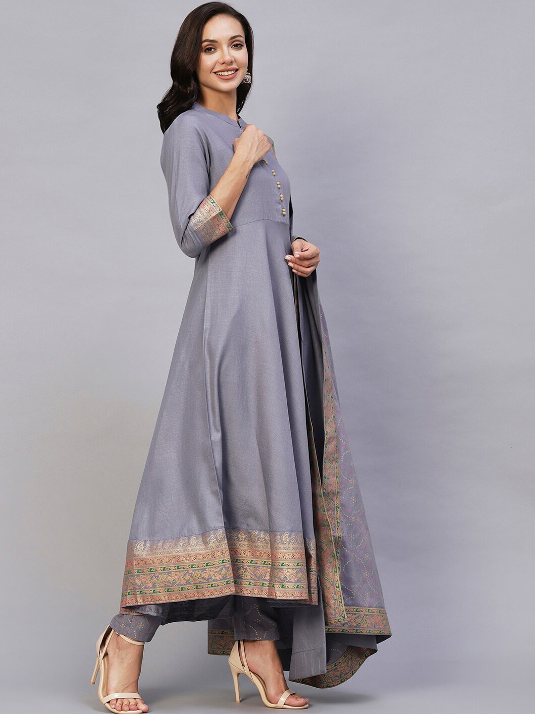 

KALINI Ethnic Motifs Printed Boarder Anarkali Kurta & Trousers With Dupatta, Grey