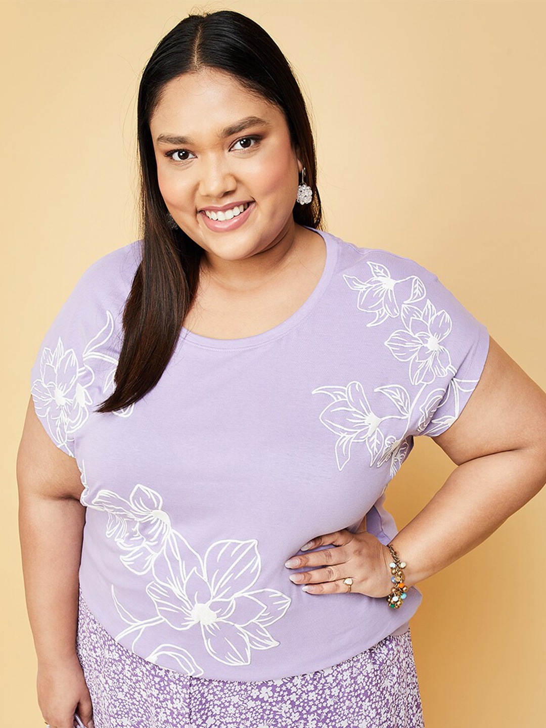 

max Plus Size Floral Printed Round Neck Pure Cotton T-shirt, Purple