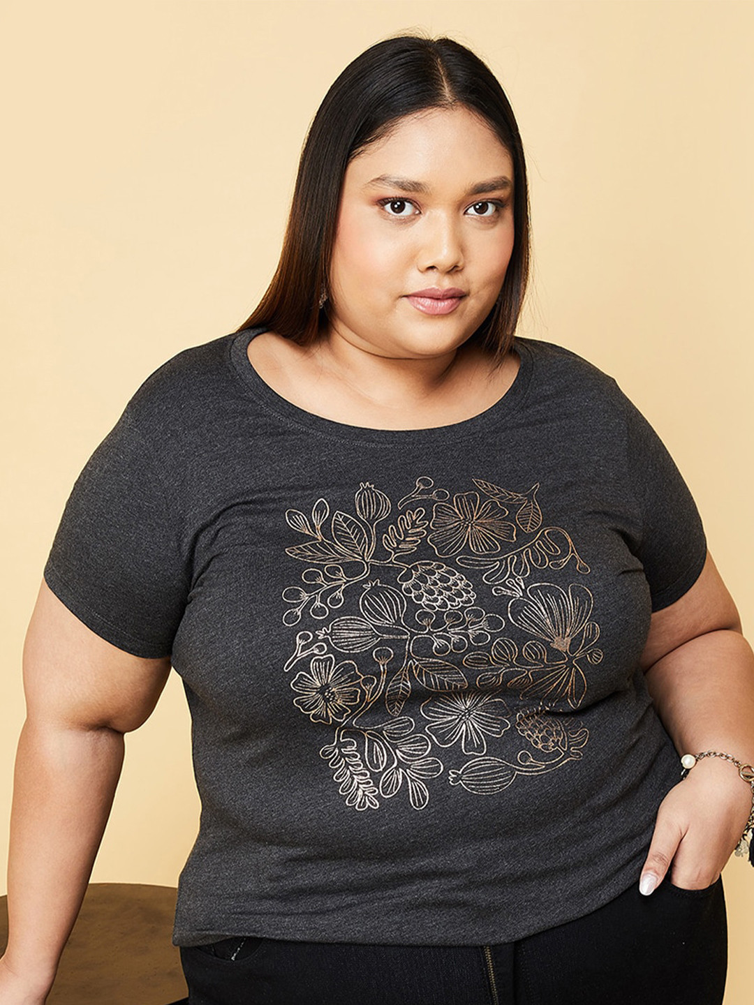 

max Plus Size Floral Printed Round Neck Pure Cotton T-shirt, Grey
