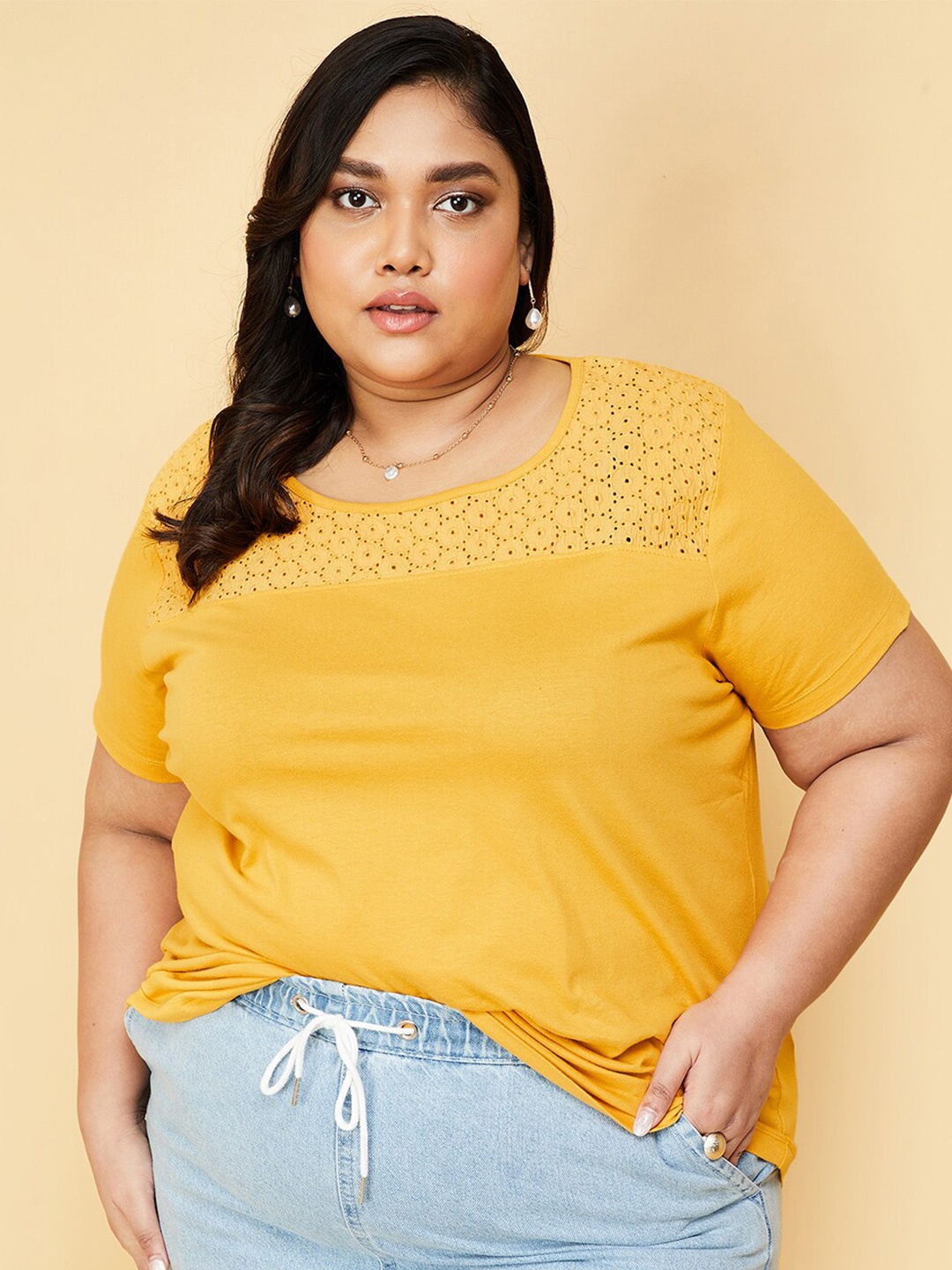 

max Plus Size Round Neck Pure Cotton T-shirt, Yellow