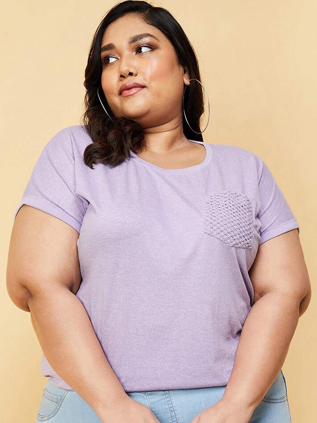 

max Plus Size V-Neck Crochet Pocket Cotton Regular T-shirt, Purple