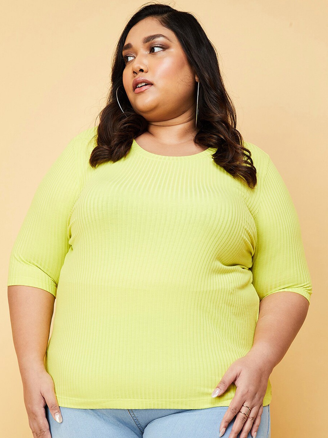 

max Plus Size Ribbed Cotton Regular T-shirt, Yellow
